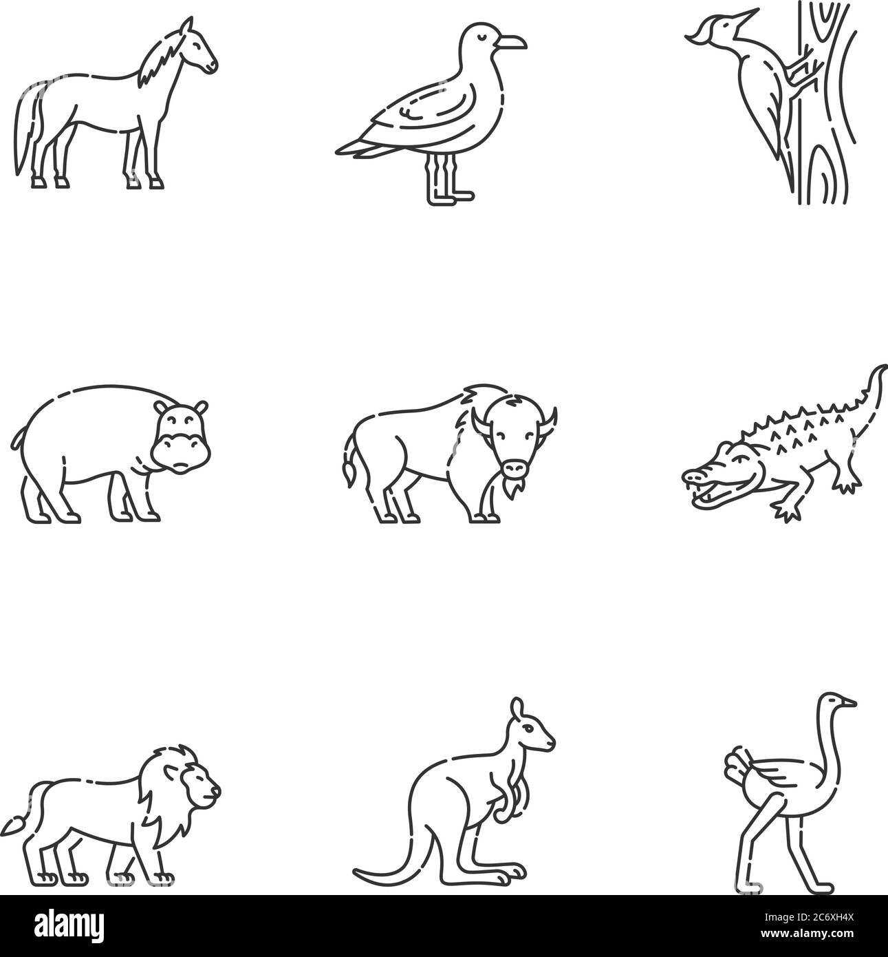 Jeu d'icônes linéaires parfaites pour les animaux volants et terrestres. Symboles de contour mince personnalisables pour oiseaux communs et animaux exotiques. Vecteur isolé outli Illustration de Vecteur
