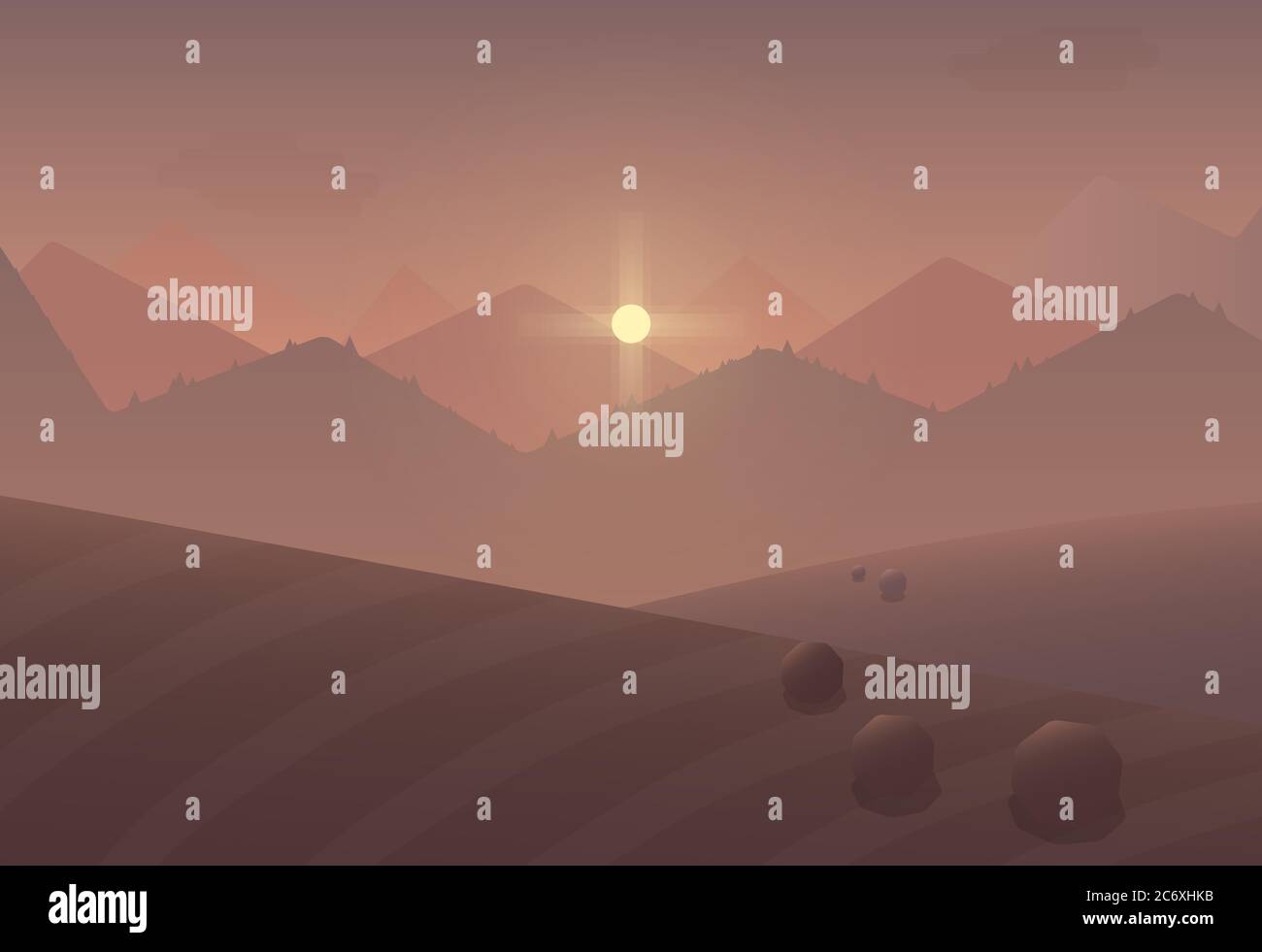 Dessin animé coucher de soleil montagne Paysage arrière-plan avec arbres et champs Illustration de Vecteur