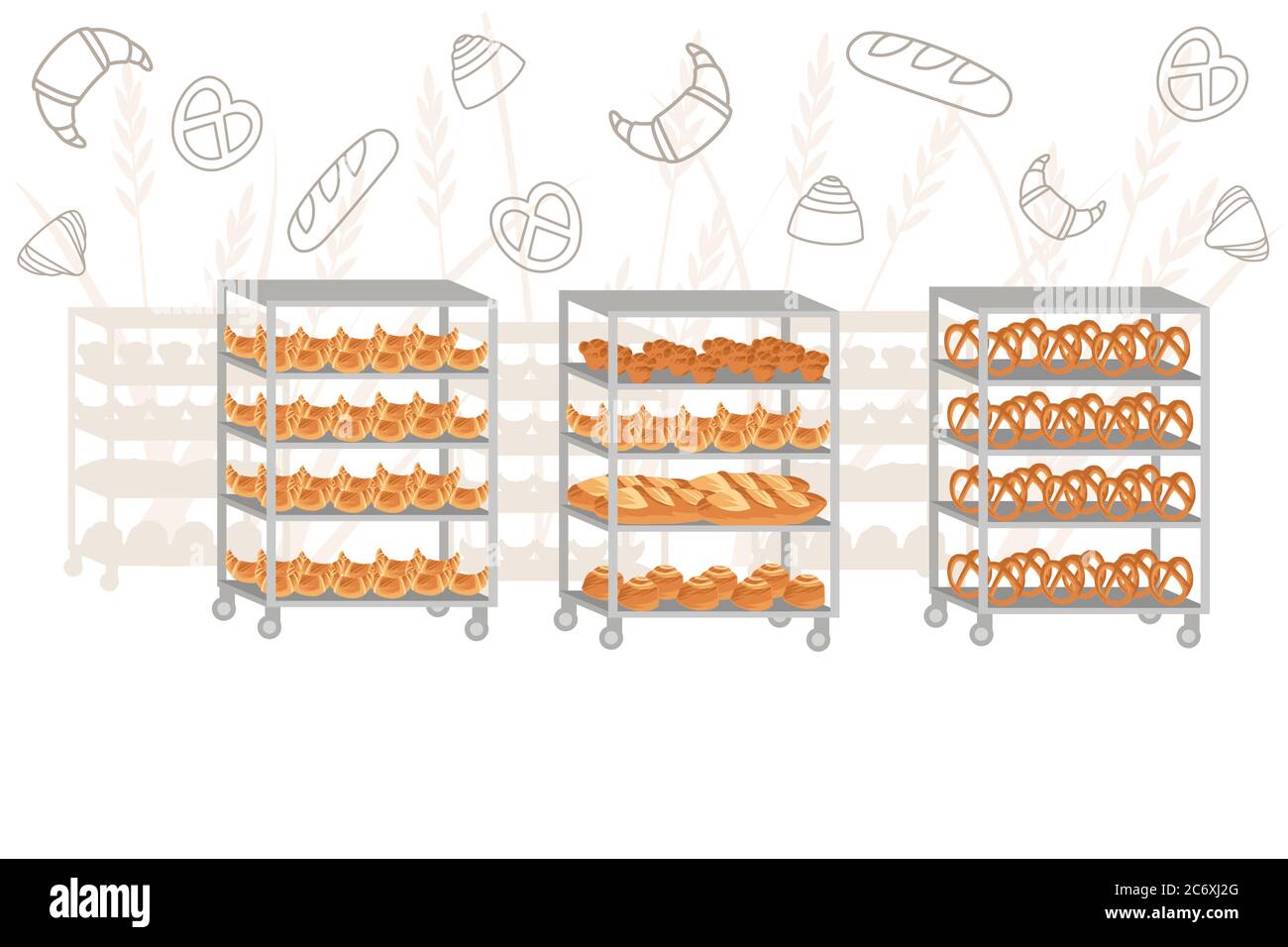 Fabricant de boulangerie avec bac à pain professionnel boulangerie dessin animé caractère dessin plat vectoriel illustration sur fond blanc avec des icônes de style de ligne Illustration de Vecteur