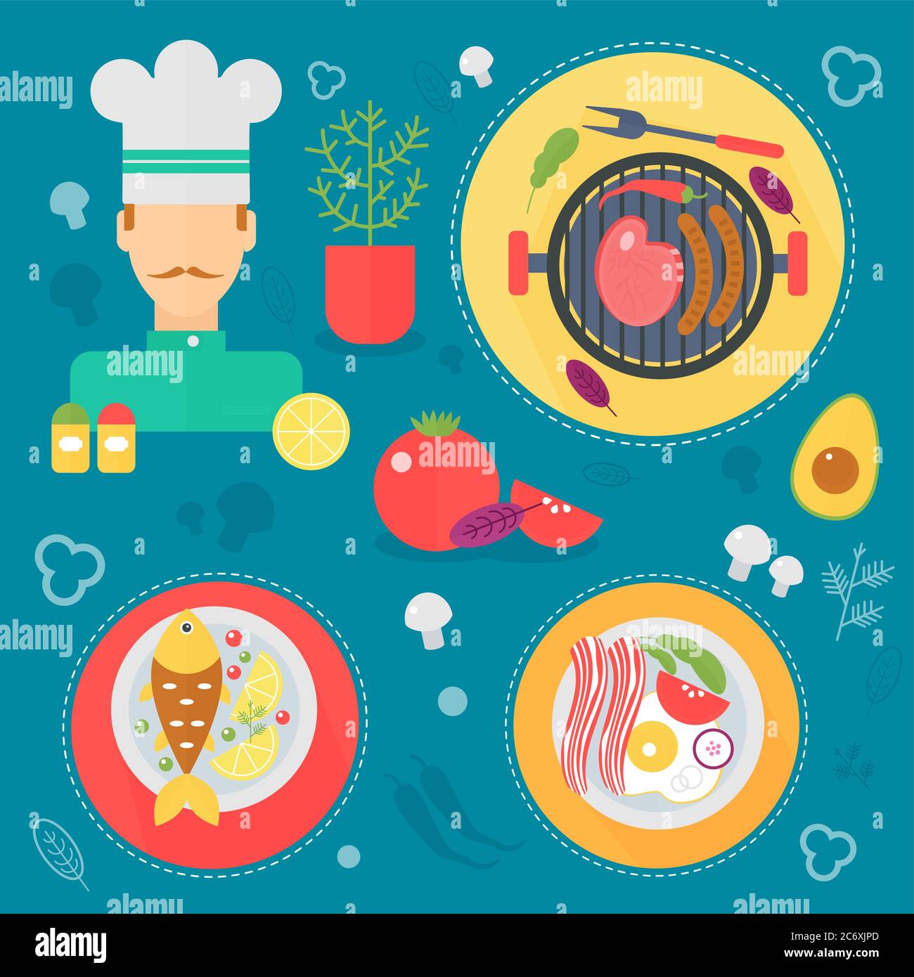 Cuisine moderne, amour plat. Outils de cuisine et de cuisine amour infographique design, éléments web, bannières d'affiche Illustration de Vecteur