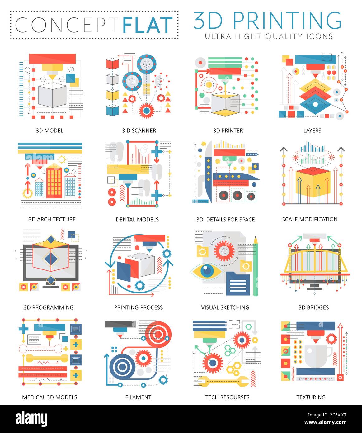 Infographics mini concept 3d technologies d'impression icônes pour le Web. Couleur de qualité supérieure conception plate conceptuel web graphiques éléments icônes. concepts d'impression 3d Illustration de Vecteur