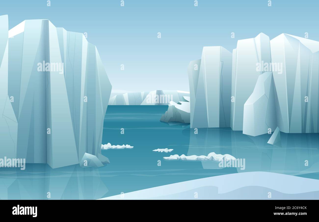 Caricature réaliste nature hiver Arctic paysage de glace avec iceberg et neige montagnes collines Illustration de Vecteur