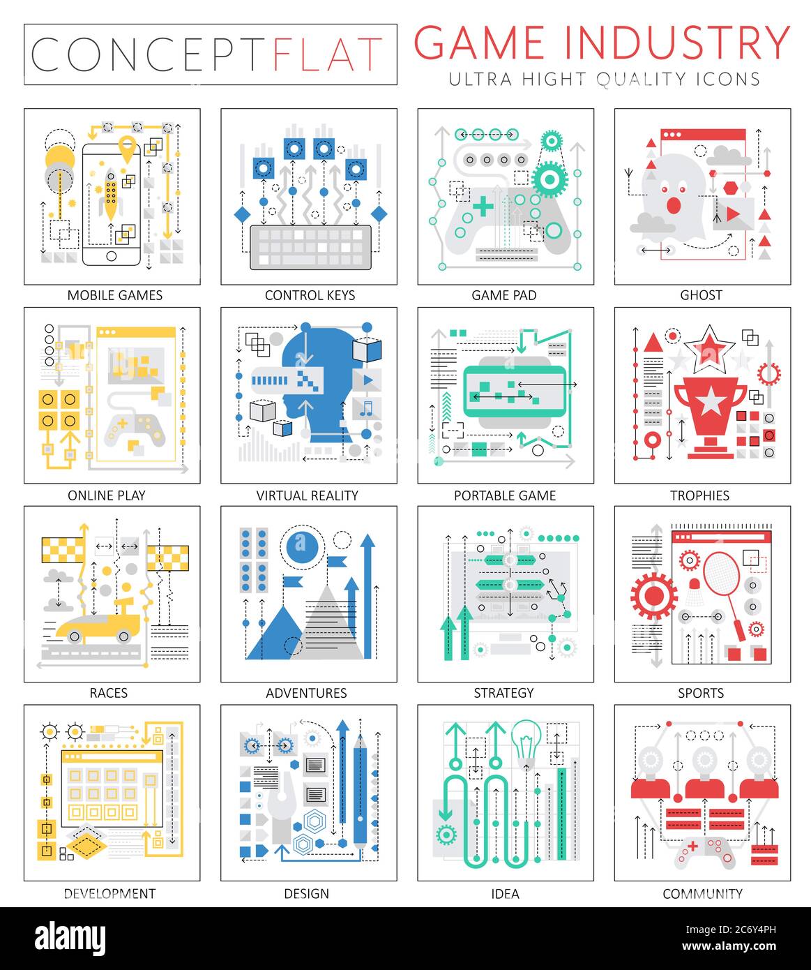 Infographics mini concept Jeux icônes de l'industrie pour le Web. Éléments graphiques Web de qualité supérieure. Concepts de l'industrie du jeu Illustration de Vecteur