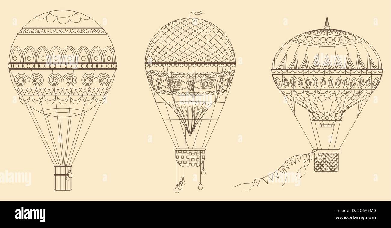 Illustration vintage des ballons à air chaud Vector. Collection de bordeaux à lignes fines Illustration de Vecteur