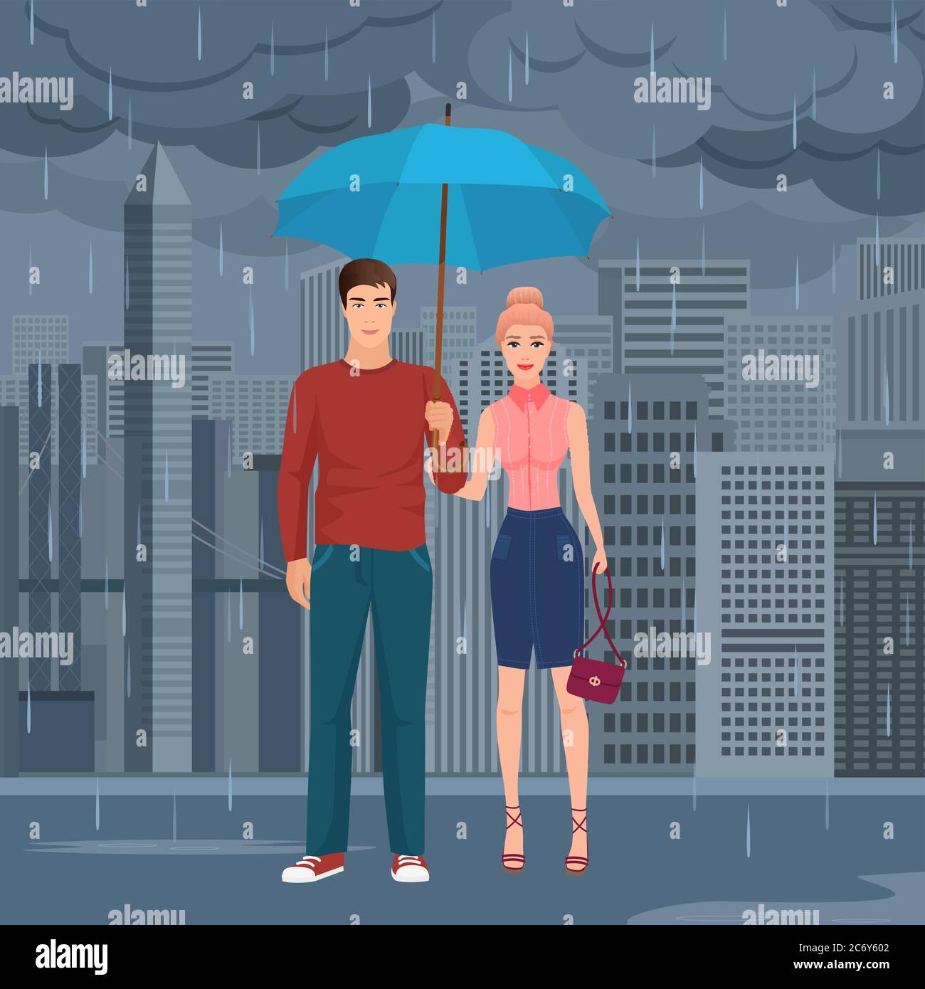 Jeune couple heureux paire debout sous le parapluie dans la rue dans l'illustration gris foncé de vecteur de jour de pluie Illustration de Vecteur