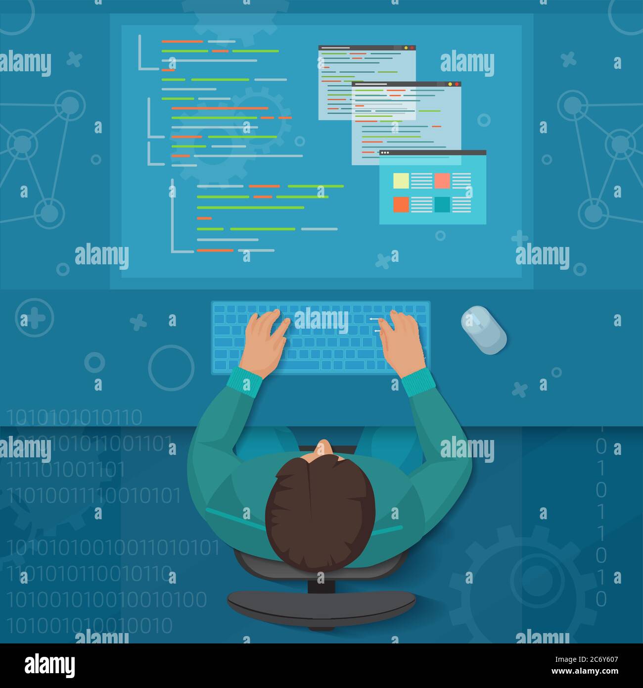 Homme concepteur logiciel avec des solutions de conception, d'optimisation, de réactivité et de développement. Espace de travail virtuel vue de dessus du codeur Illustration de Vecteur
