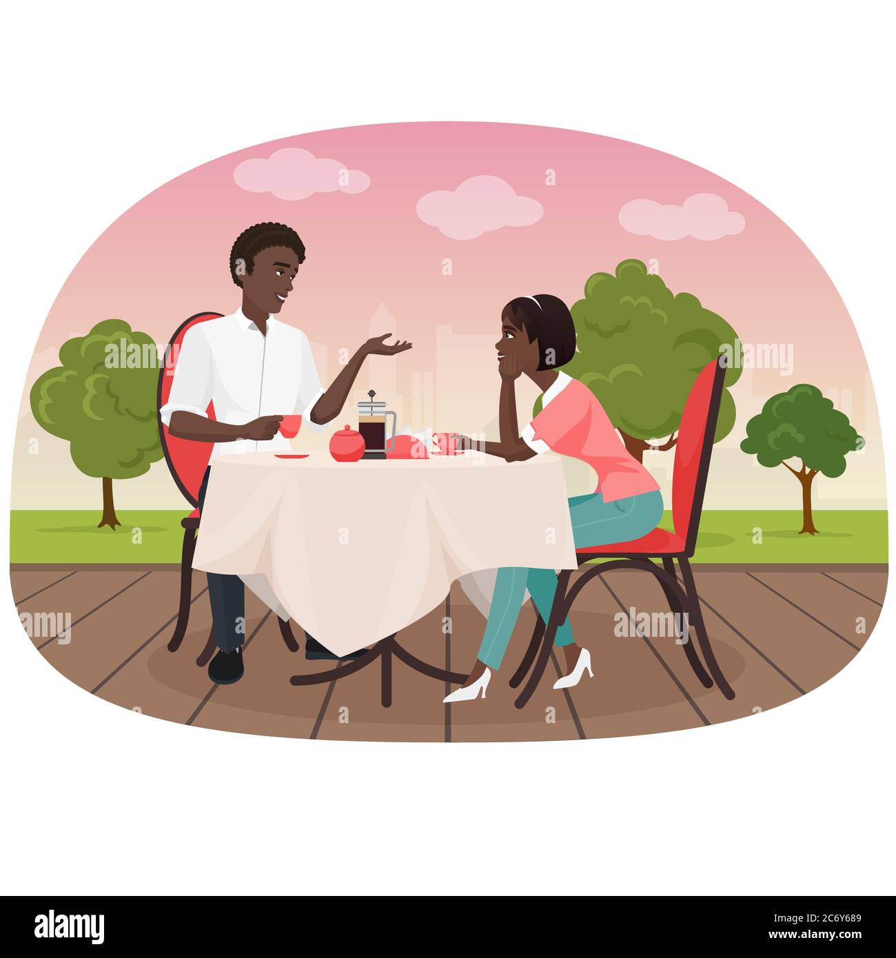 Un couple africain assis dans le café à l'extérieur et boire un café illustration vectorielle. Date de rendez-vous des personnes noires Illustration de Vecteur