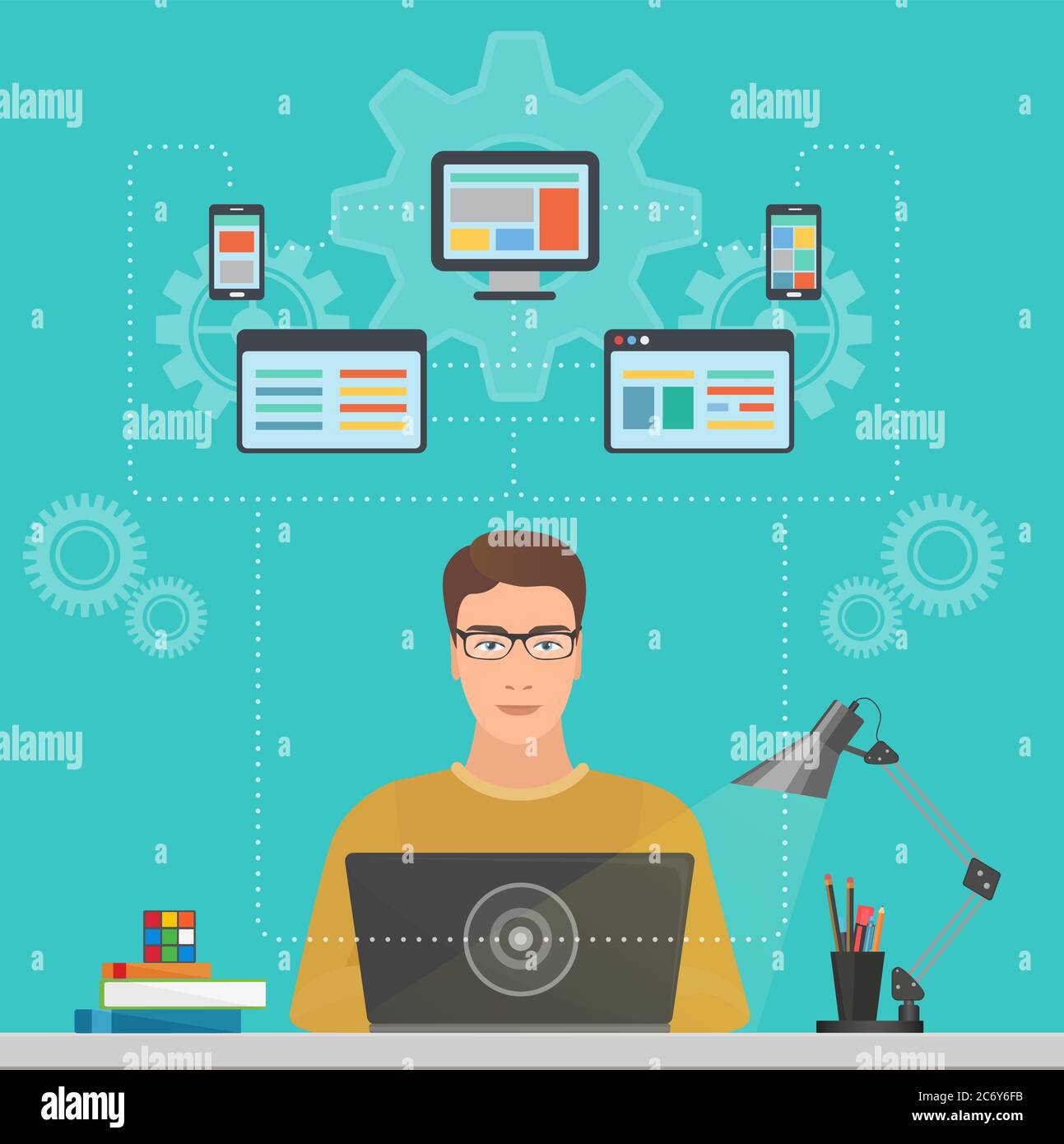 Programmeur d'ingénieur logiciel homme avec concept d'ordinateur portable avec des solutions de conception, d'optimisation, réactives et de développement Illustration de Vecteur