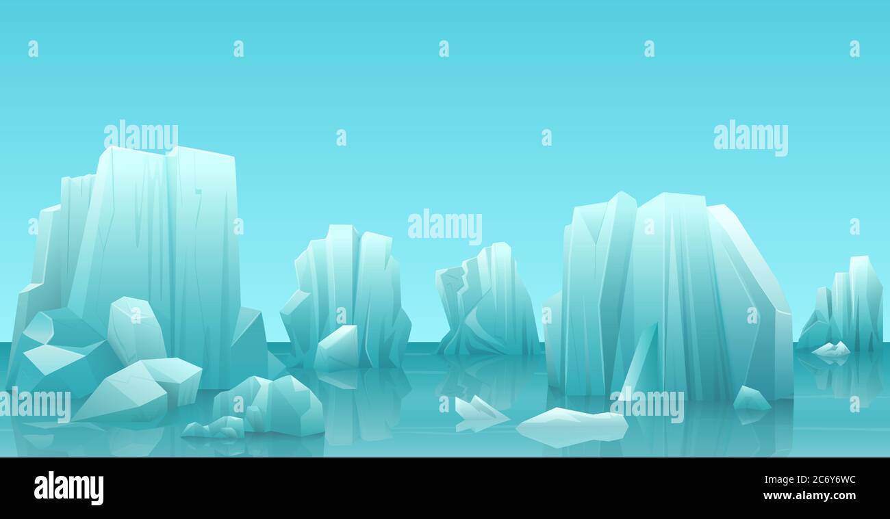 Caricature nature hiver paysage de glace arctique avec iceberg, neige montagnes rochers collines. Illustration de style de jeu vectoriel Illustration de Vecteur