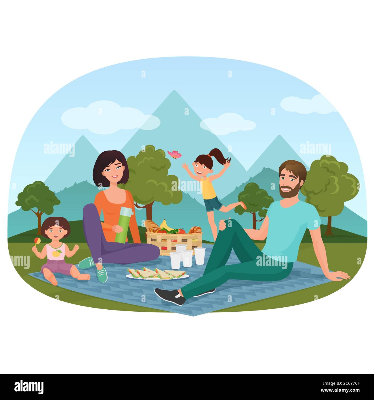Parents et enfants ayant un pique-nique à l'extérieur près des montagnes illustration vectorielle Illustration de Vecteur