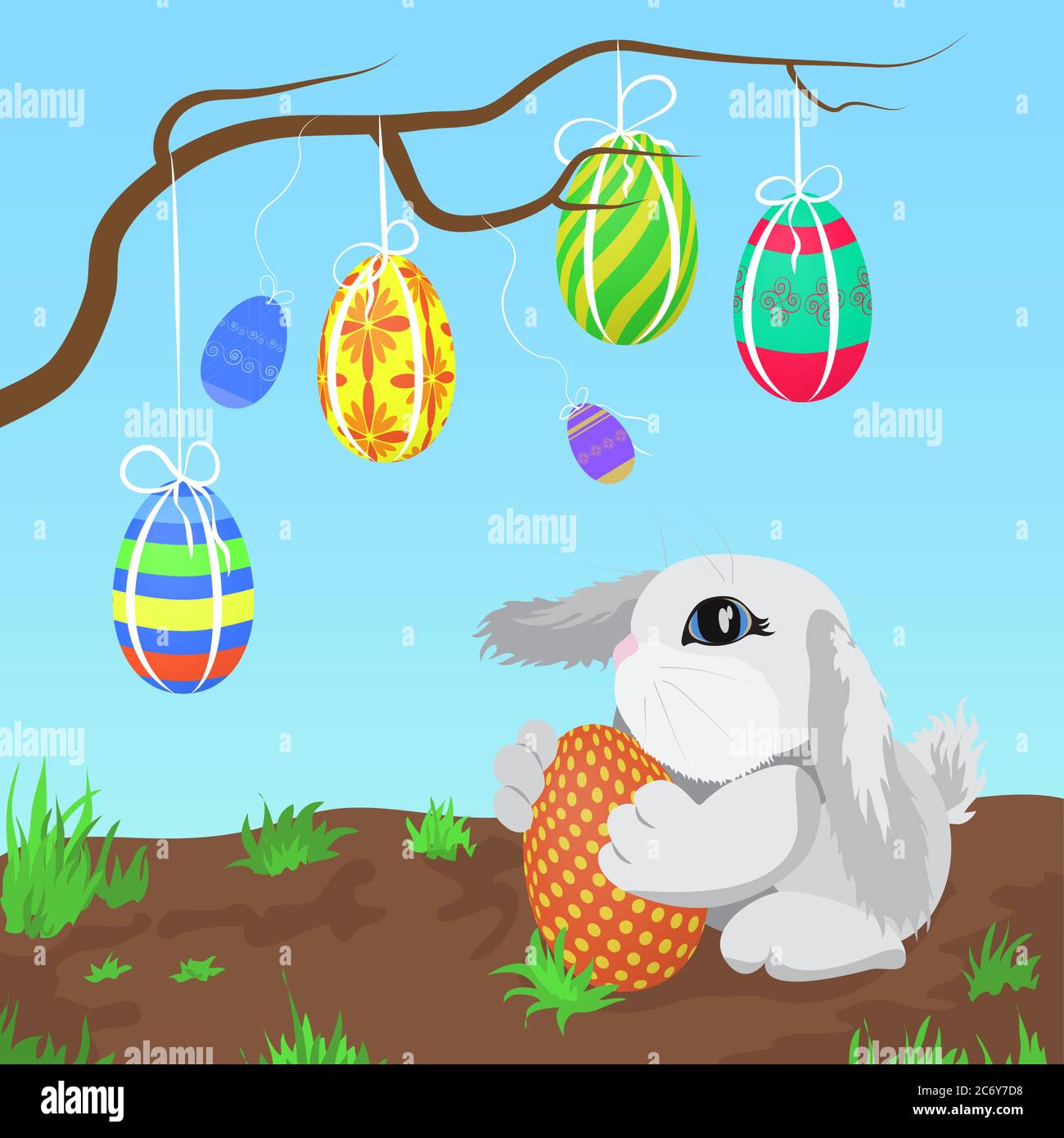 Petit lapin gris avec les oeufs de Pâques accrochés sur une illustration de vecteur de branche Illustration de Vecteur