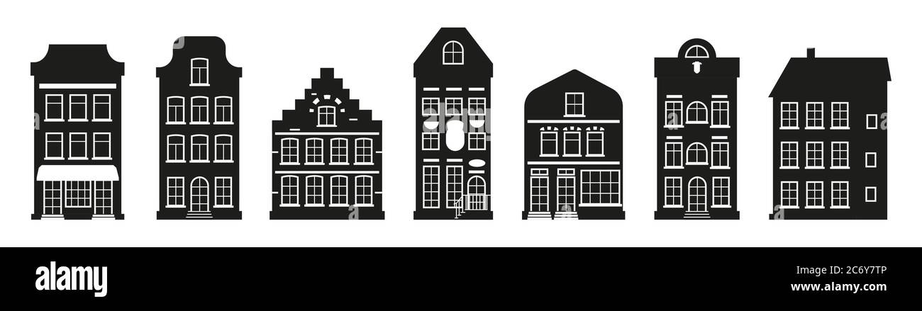 Ensemble Black Houses Silhouette Amsterdam. Ville emblématique, style européen. Glyph maison urbaine et suburbaine. Architecture différente bâtiment grande ville. Isolé sur une illustration vectorielle blanche Illustration de Vecteur