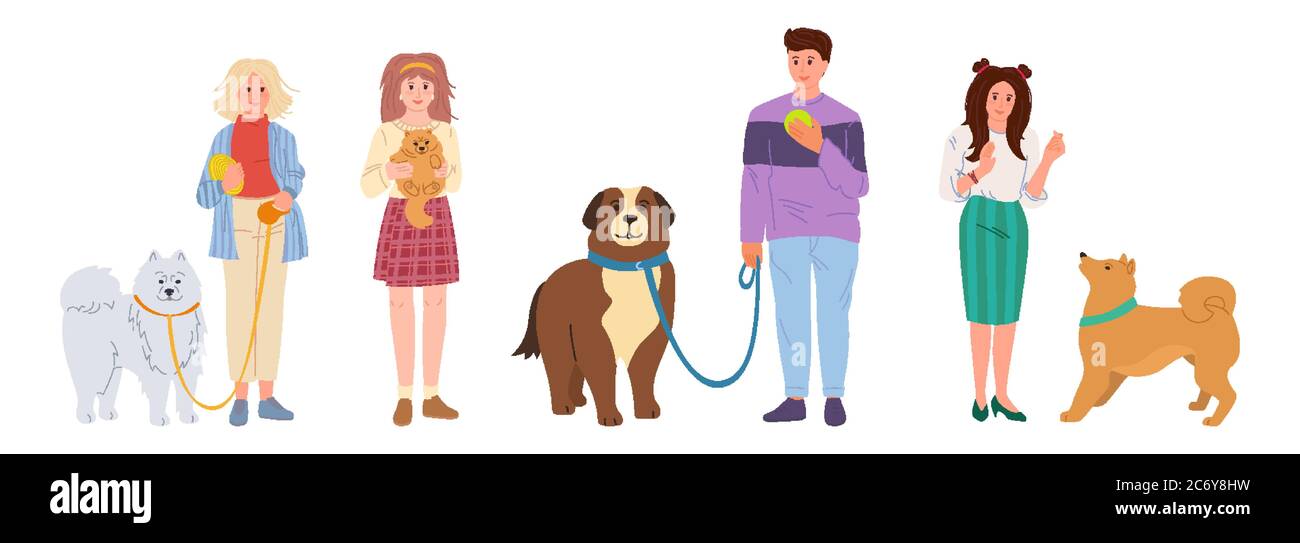 Les gens qui marchent les chiens. Ensemble de dessins animés plates pour animaux de compagnie. Fille et gars jouant avec chien. Shepherd et husky, Spitz. Illustration vectorielle isolée sur fond blanc Illustration de Vecteur