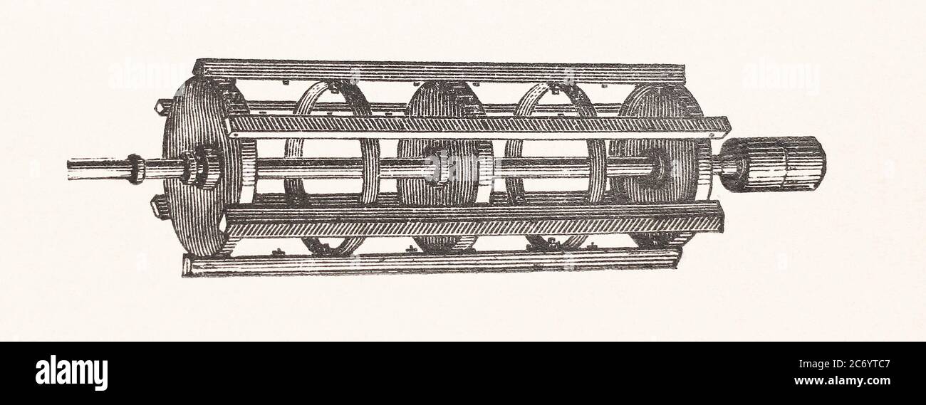 Tambour d'un fléau (anglais) batteur. Gravure du XIXe siècle. Banque D'Images