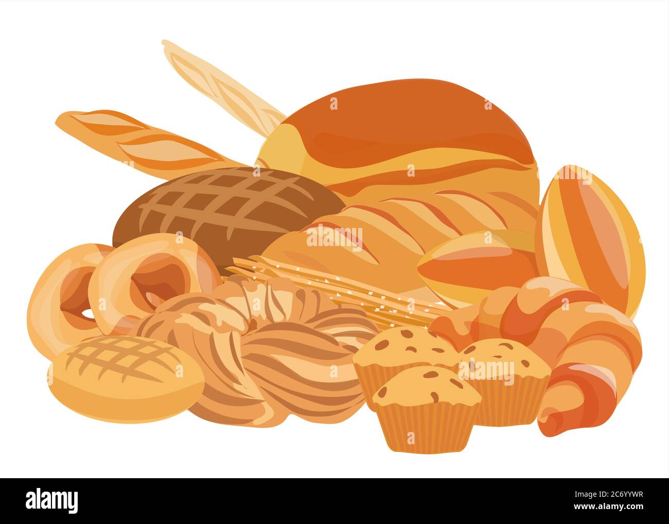 Produits de boulangerie et pâtisseries ensemble. Pain, petits gâteaux, pâte et gâteaux pour boulangerie. Cuisine de boulangerie Illustration de Vecteur