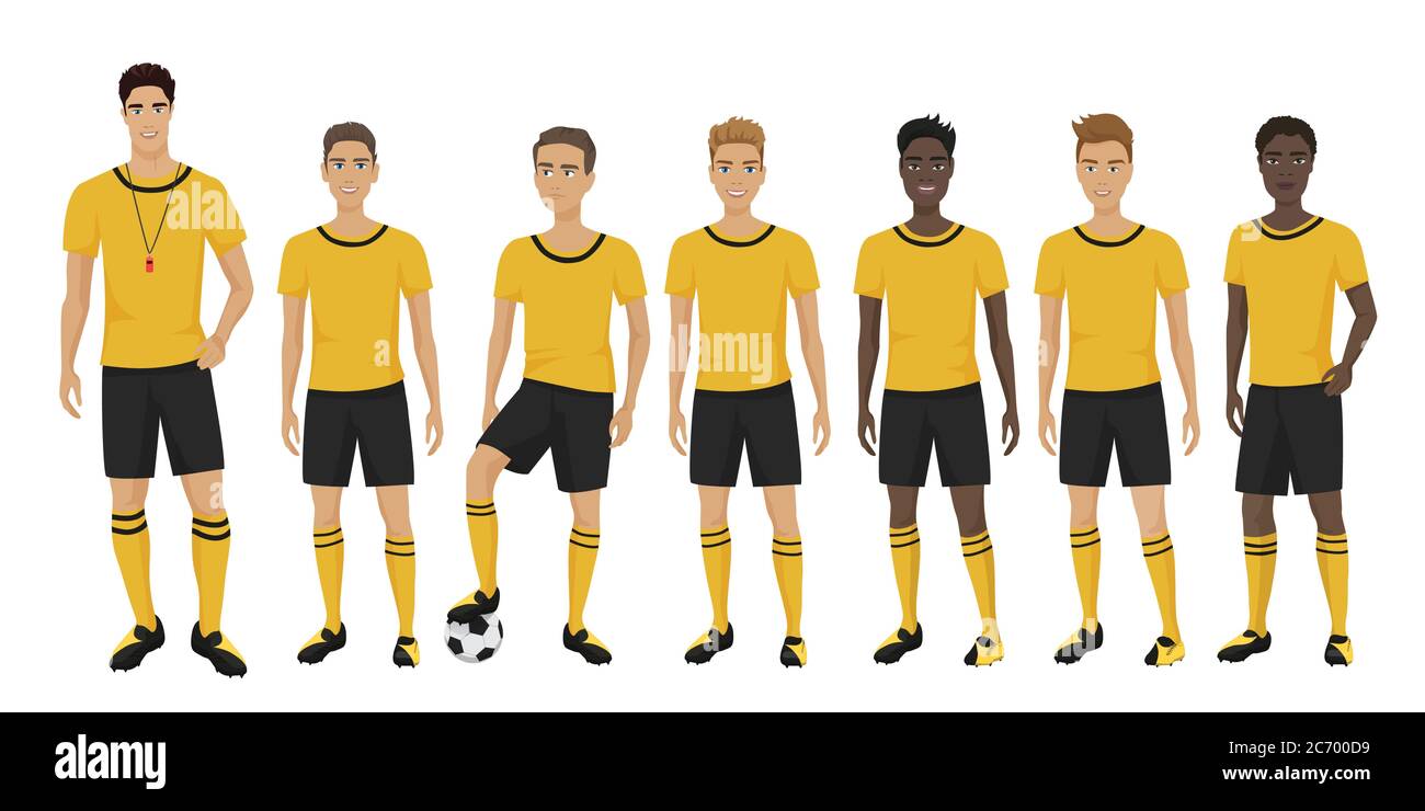 Illustration vectorielle de l'équipe des jeunes joueurs de football avec entraîneur portant l'uniforme. Équipe de football Illustration de Vecteur