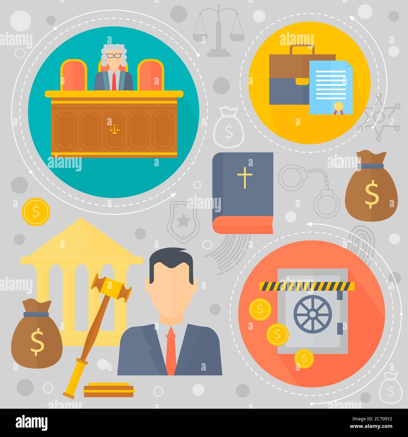 Conception de droit et de justice avec prisonnier, juge et tribunal de justice infographies modèles icônes en cercles design, éléments web, bannière d'affiche, illustration vectorielle Illustration de Vecteur