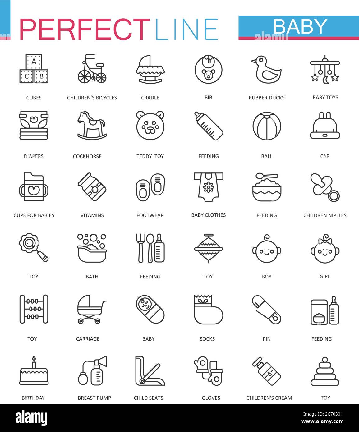 Jouets De Soin De Bebe Jeu D Icones De Web De Ligne Mince D Alimentation De Enfant Image Vectorielle Stock Alamy