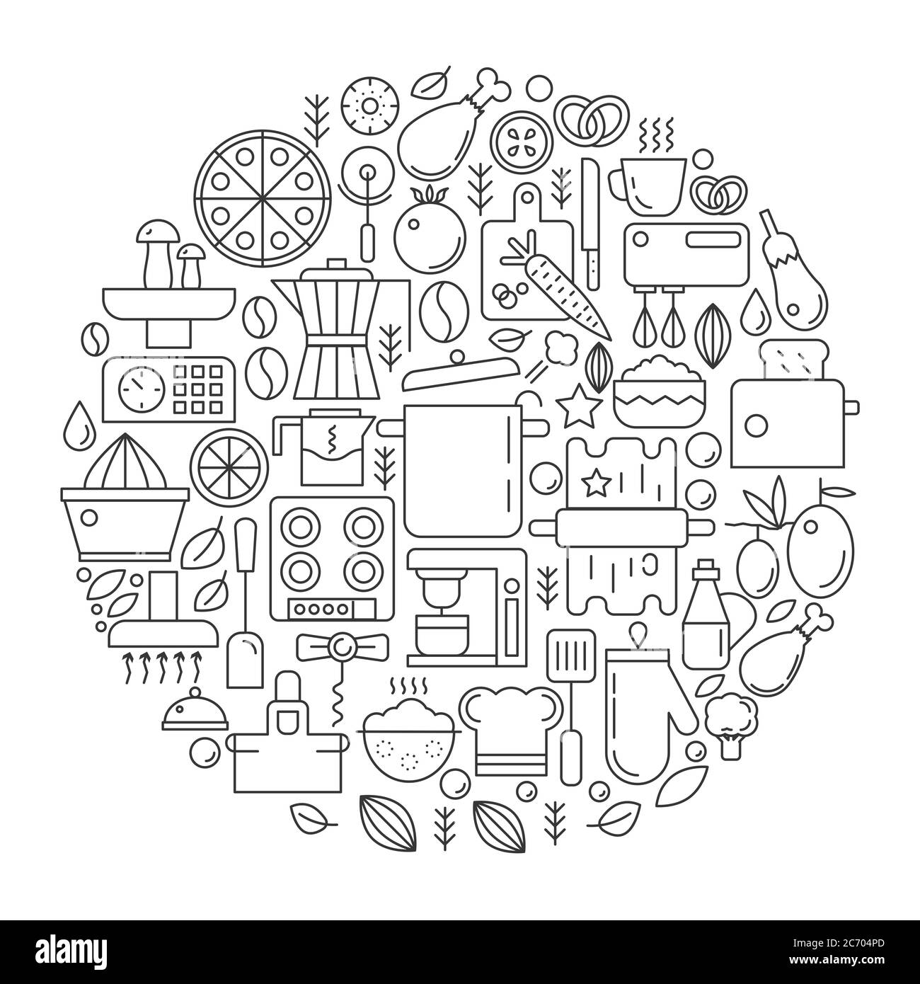 Outils et équipements de cuisine en cercle - illustration de la ligne de concept pour la couverture, l'emblème, l'insigne. Ensemble d'icônes de contour Banque D'Images
