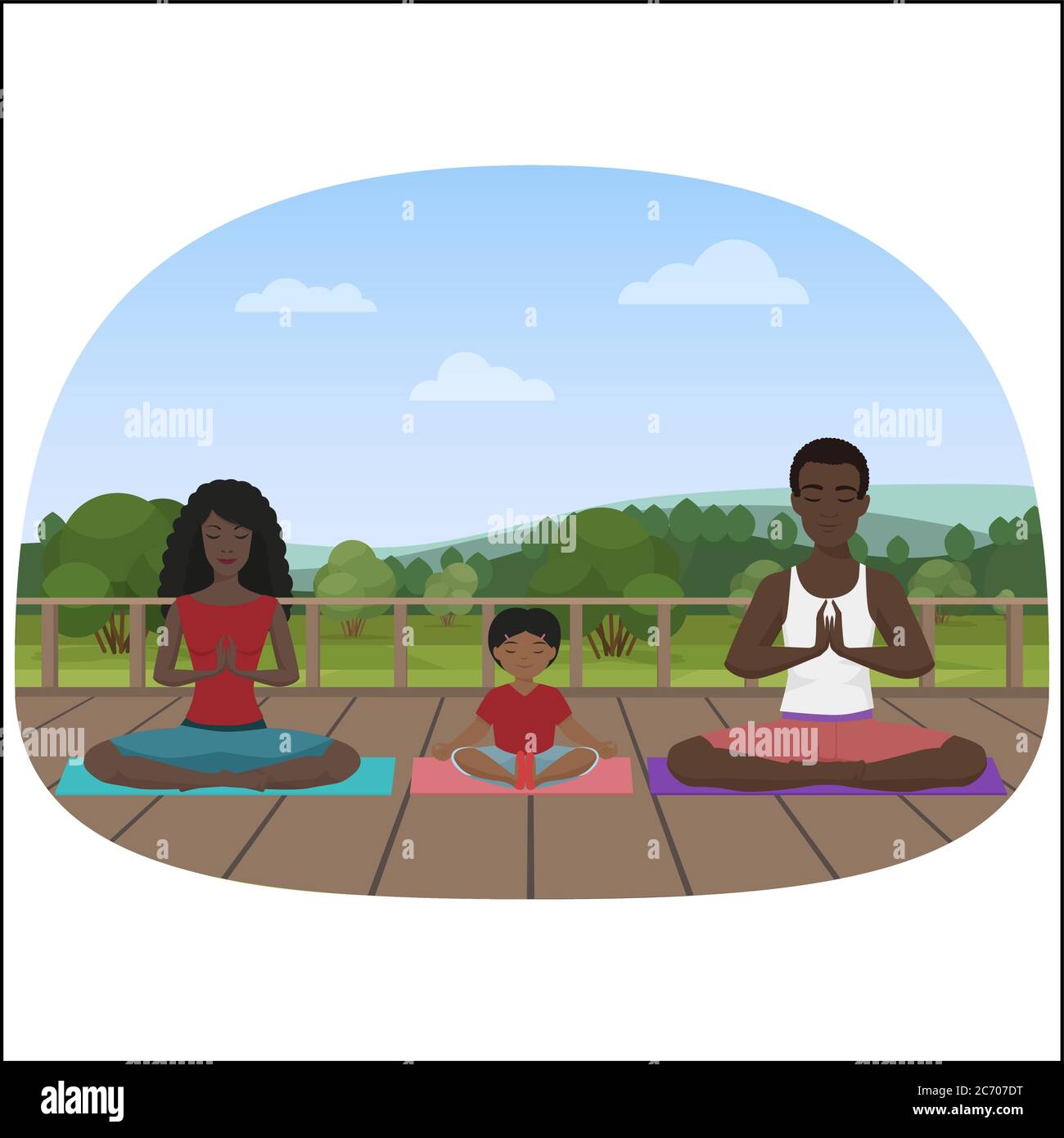 Illustration vectorielle de la famille multiethnique méditant sur le fond de la ville Illustration de Vecteur