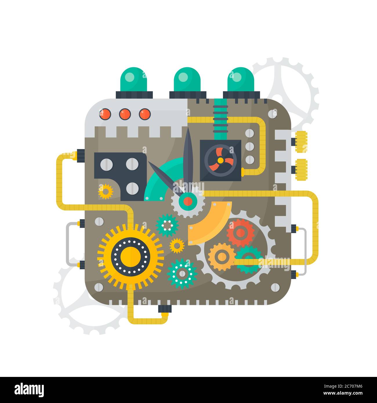 Illustration vectorielle de l'horloge face des montres vintage cogs, engrenages et balances à l'intérieur. Concept de technologie Illustration de Vecteur
