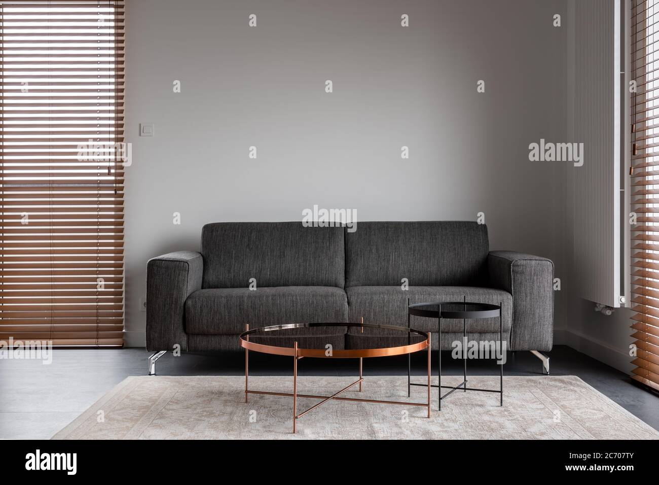 Intérieur minimaliste et élégant avec canapé gris et tables basses en métal Banque D'Images