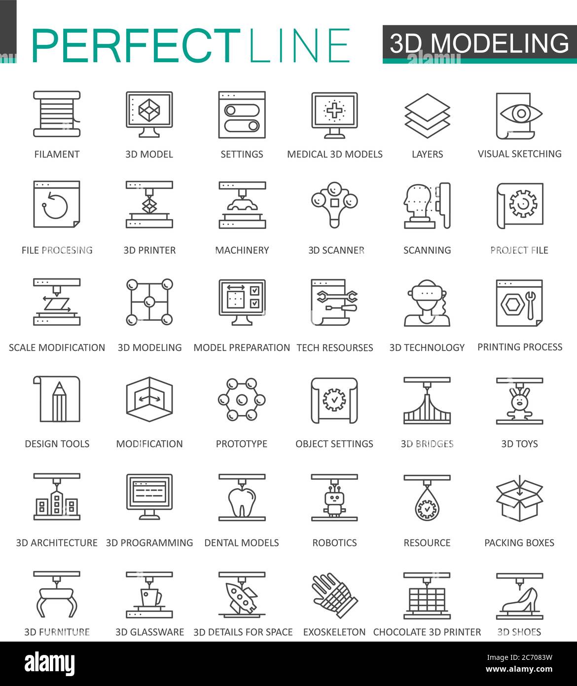 jeu d'icônes web de modélisation et d'impression 3d en ligne fine. Motif icônes de contour Illustration de Vecteur
