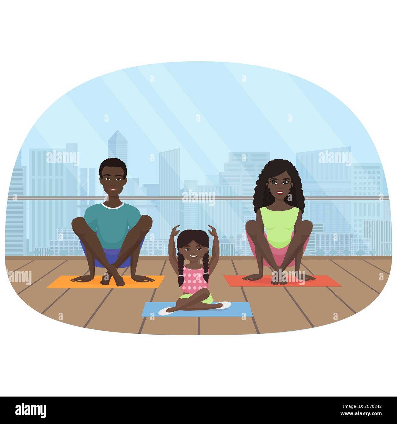 Illustration vectorielle de la famille africaine noire méditant dans la salle de fitness sur le fond moderne de la ville Illustration de Vecteur