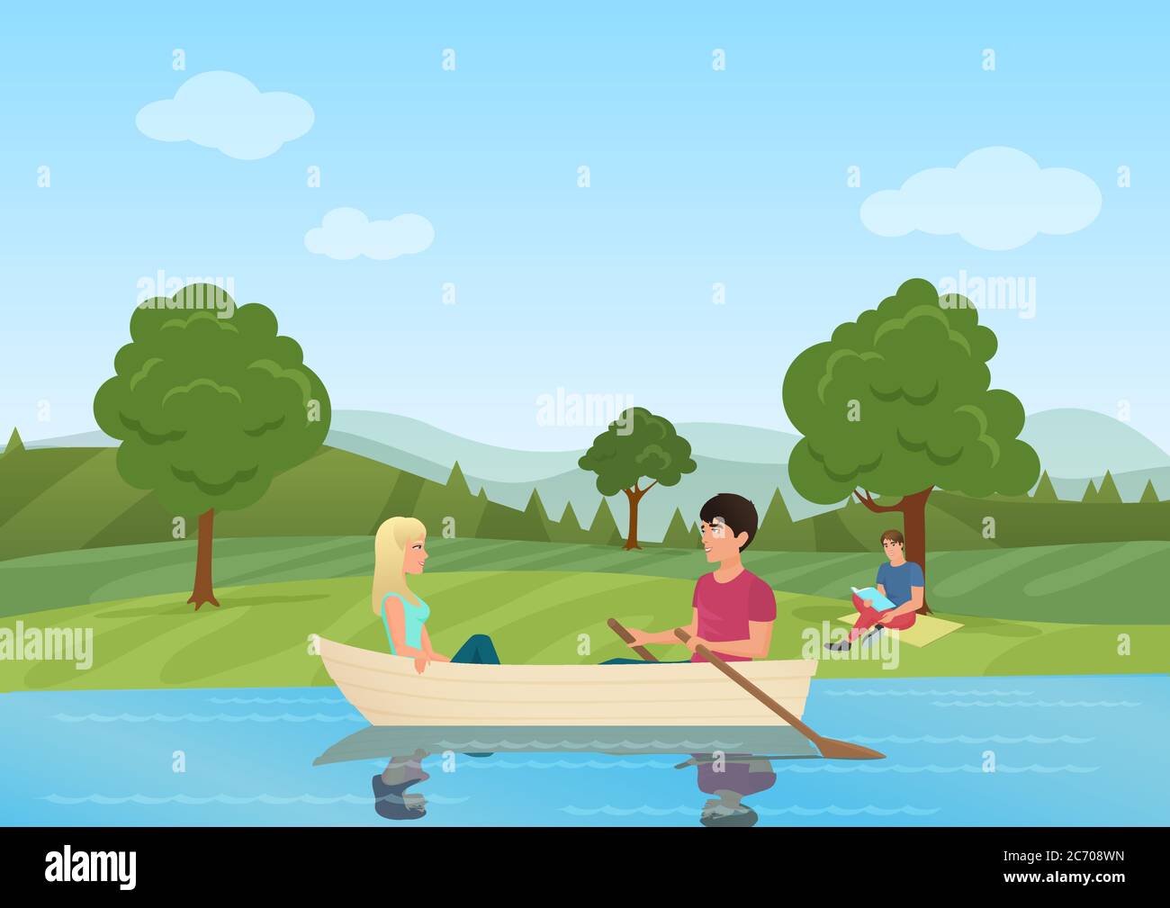 Un couple nageant sur le bateau dans l'étang dans l'illustration du vecteur du parc. Homme et femmes en bateau ensemble Illustration de Vecteur