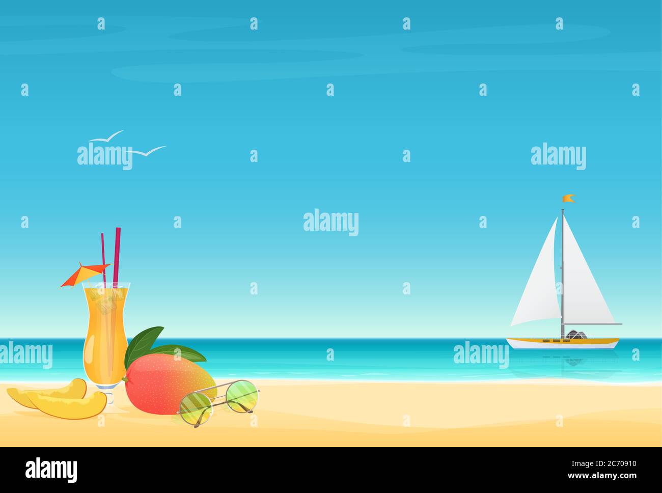 Cocktail de fruits de mangue sur le sable Beach Background avec yacht. Illustration vectorielle de l'affiche d'été Illustration de Vecteur