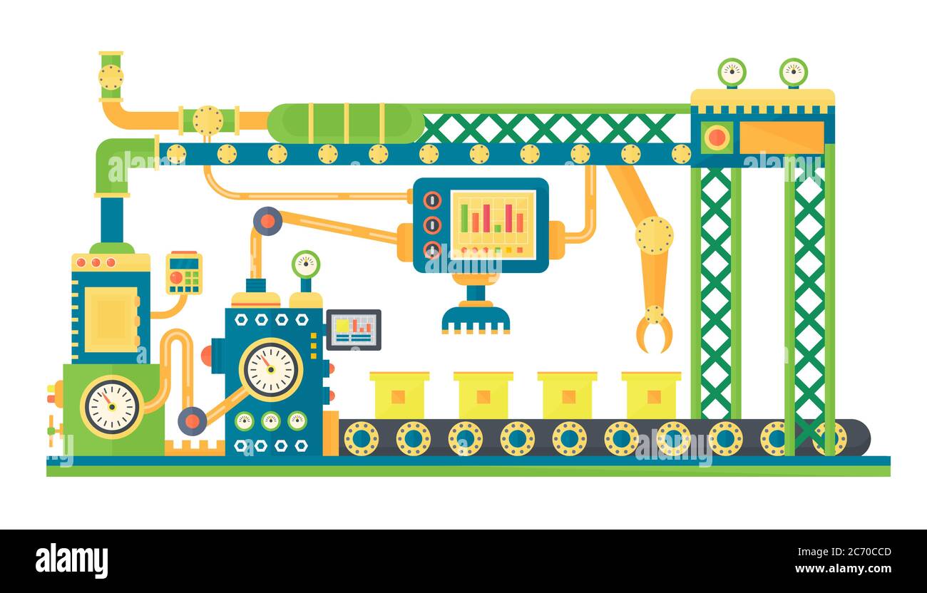 Robots automatiques de la ligne de stock technologie machine industrielle. Illustration vectorielle Illustration de Vecteur