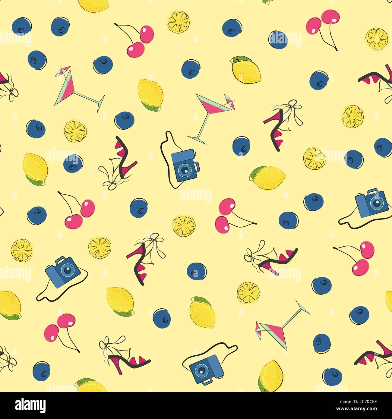 Illustration vectorielle du cocktail, du citron et des baies, des talons et du motif sans couture de l'appareil photo Illustration de Vecteur