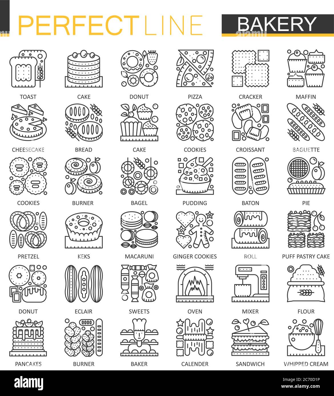 Symboles de concept mini contour de boulangerie. Ensemble d'illustrations de style linéaire moderne pour pâtisserie. Icônes Food Perfect Thin Line Illustration de Vecteur