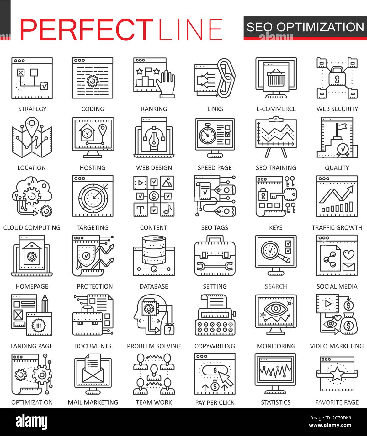 Symboles de concept de l'optimisation du moteur de recherche SEO. Icônes de lignes fines parfaites. Jeu d'illustrations de style linéaire moderne Illustration de Vecteur