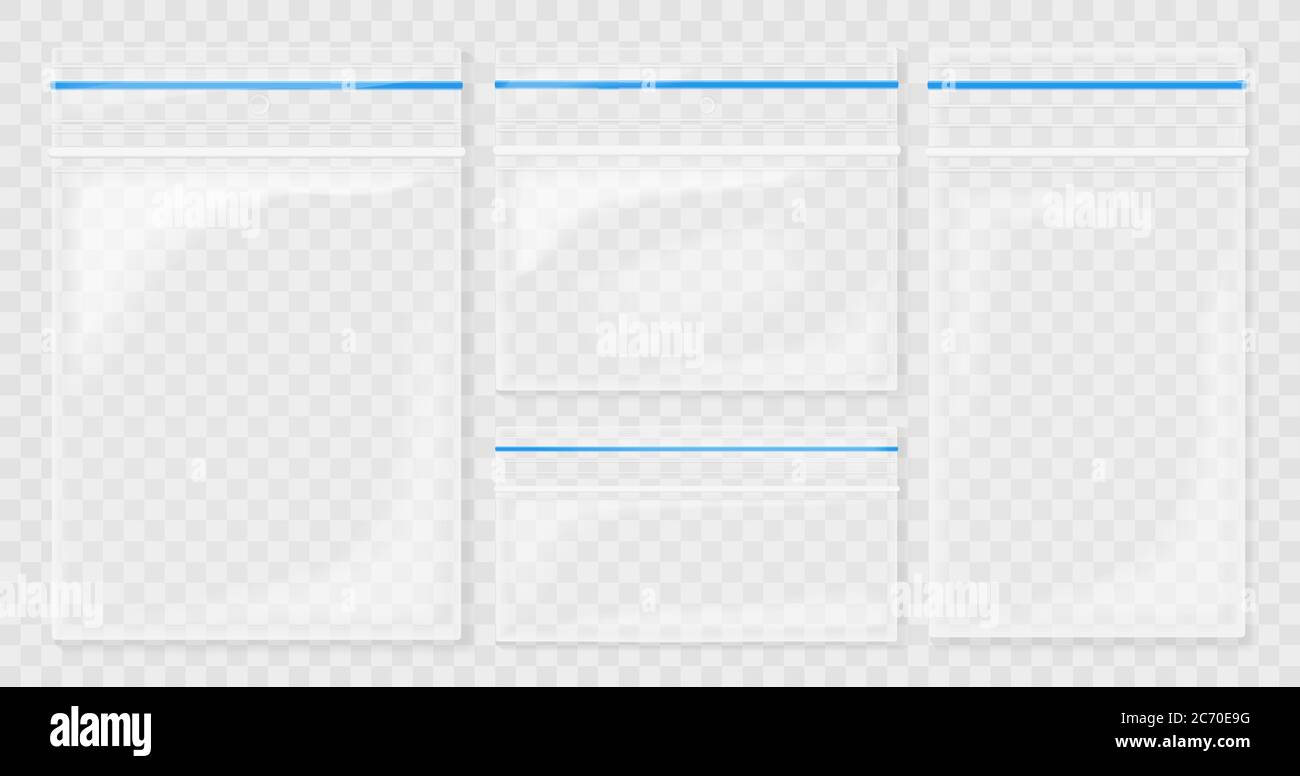 Vide les poches en plastique transparent. Sac vide à fermeture éclair. Ensemble de récipients en polyéthylène sur fond transperant Illustration de Vecteur