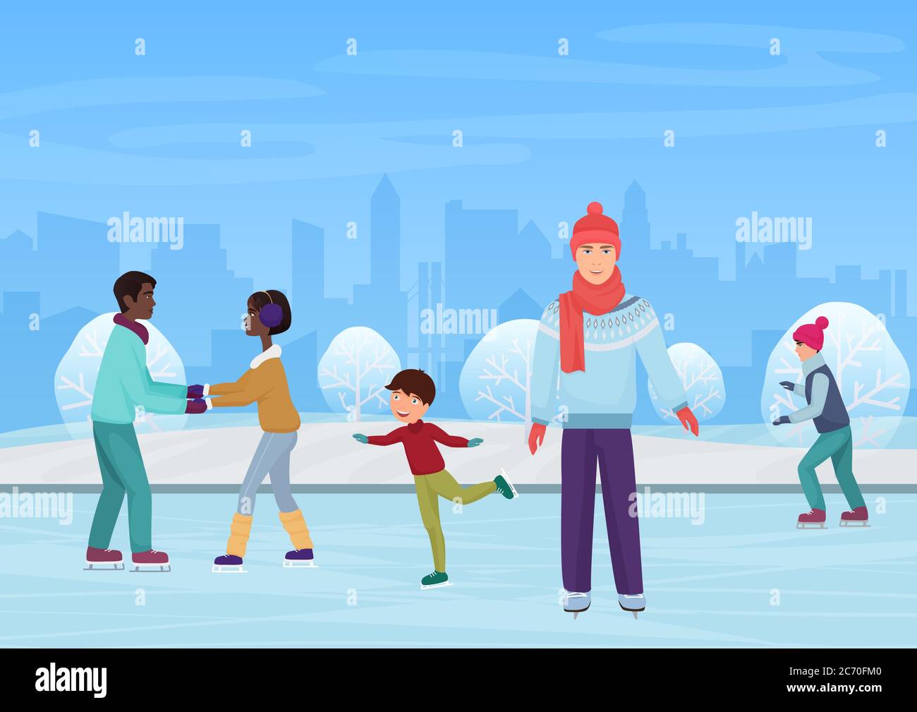 Les gens patinent sur une patinoire en plein air dans l'illustration vectorielle d'hiver Illustration de Vecteur