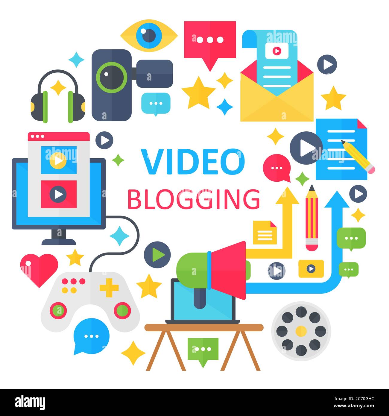 Illustration du concept de vecteur plat de blogging vidéo. Poster, modèle pour le Web Illustration de Vecteur