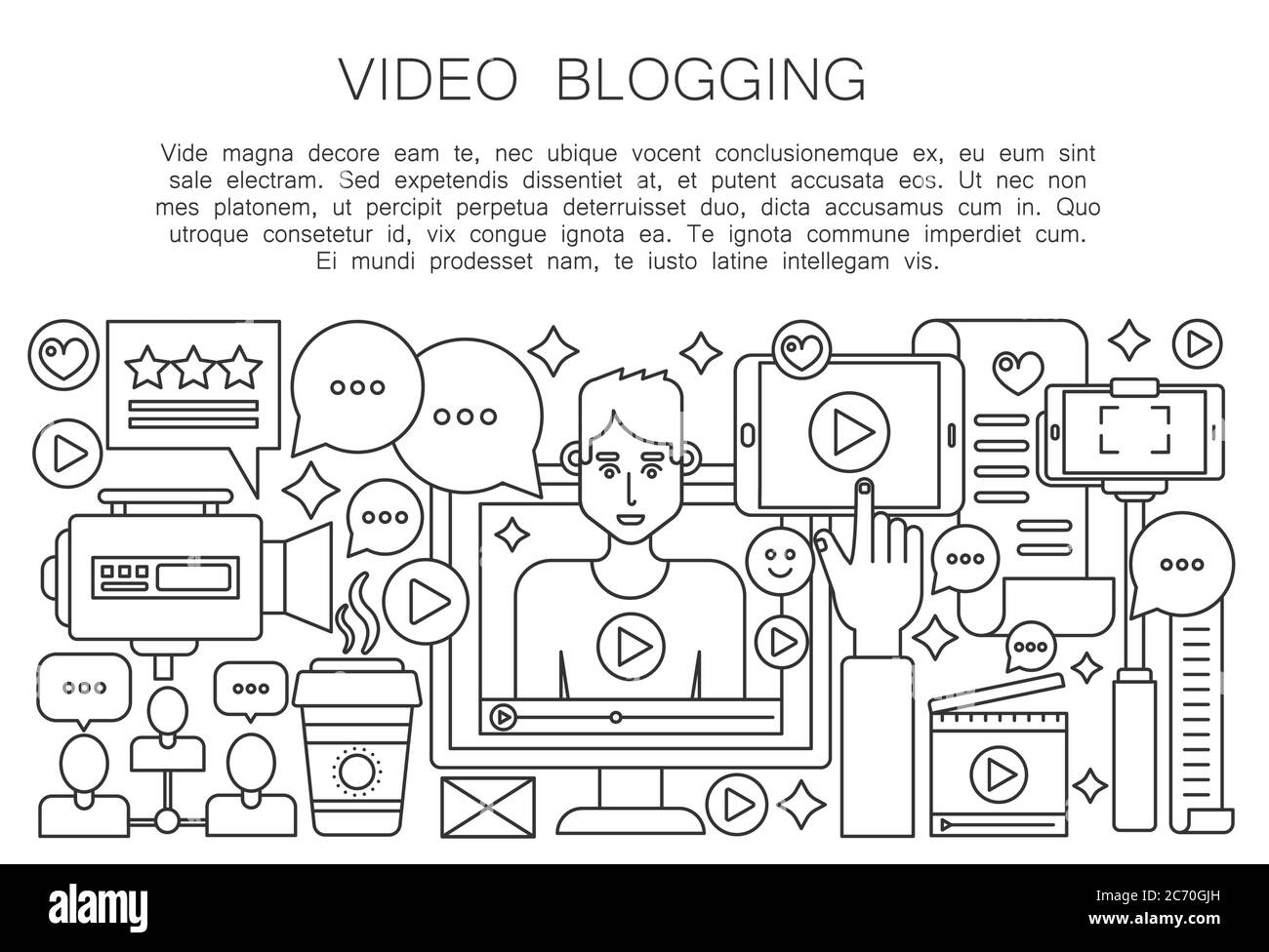 Vidéo blogger concept de ligne mince. Écran d'ordinateur avec homme blogger. Illustration vectorielle du vecteur de diffusion d'un canal de blogging personnel Illustration de Vecteur