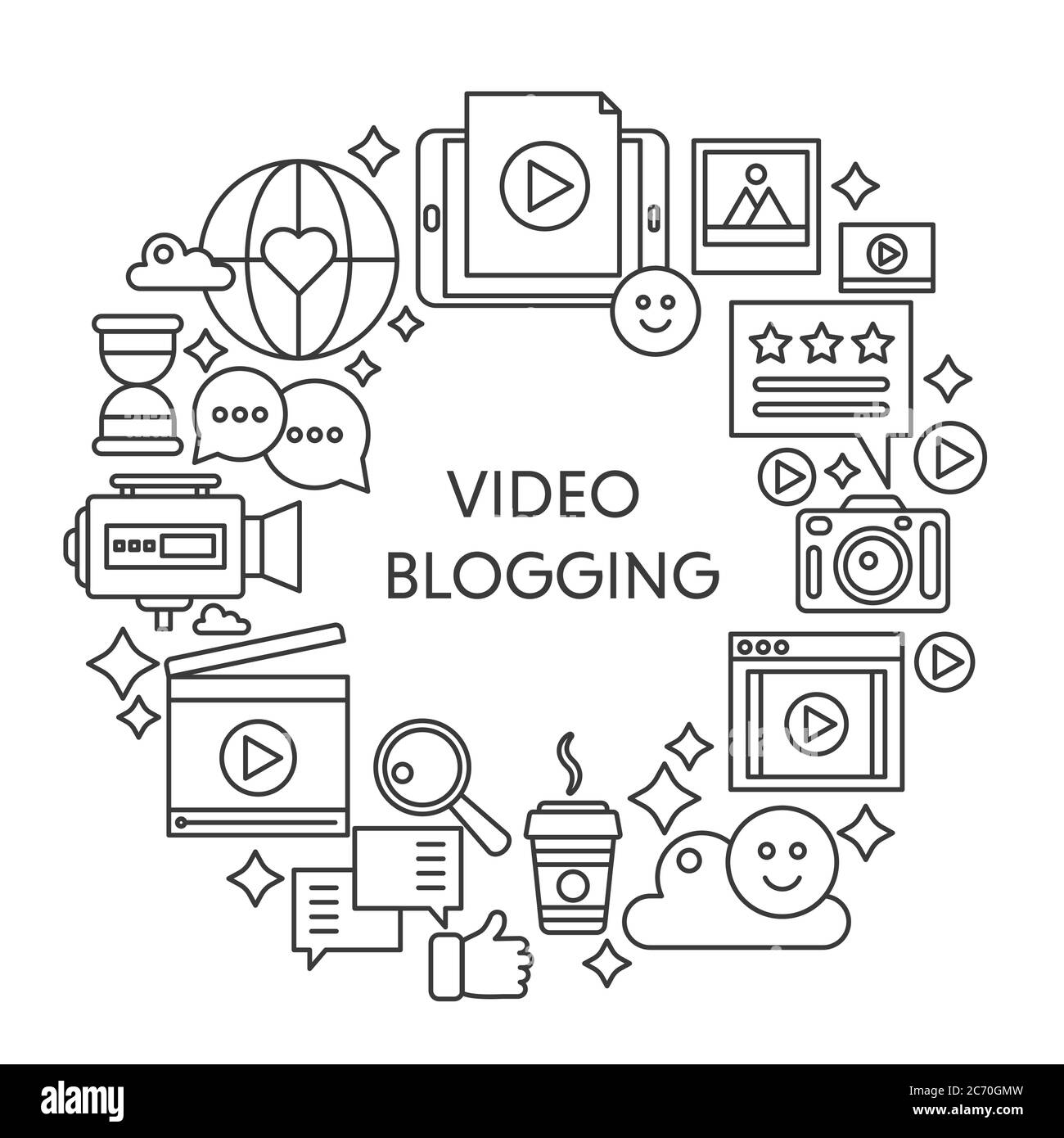 Illustration du concept de vecteur ligne mince de blogging vidéo. Affiche de contour de contour, modèle pour le Web Illustration de Vecteur