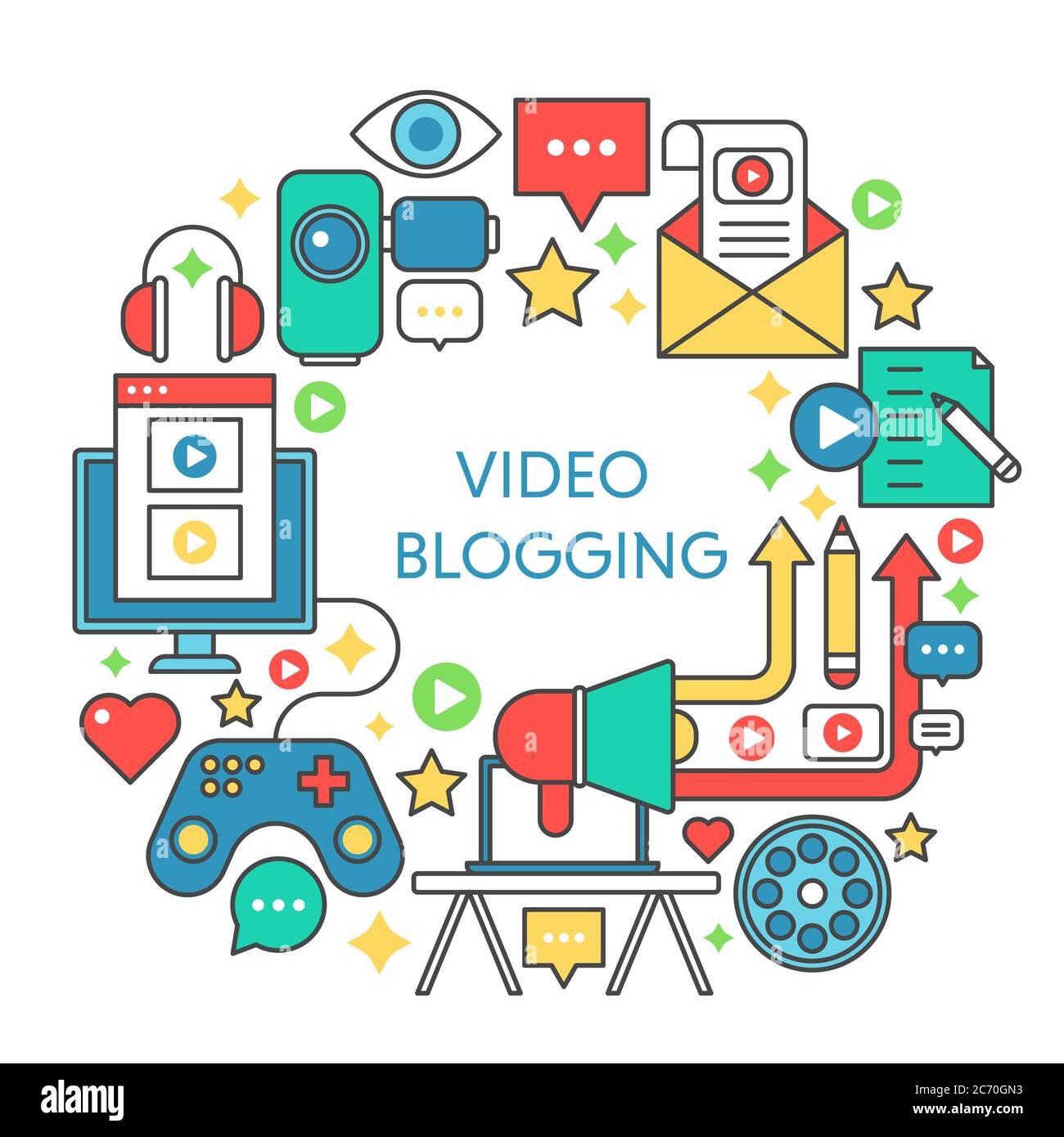 Illustration du concept de vecteur de ligne plate de blogging vidéo. Poster, modèle pour le Web Illustration de Vecteur