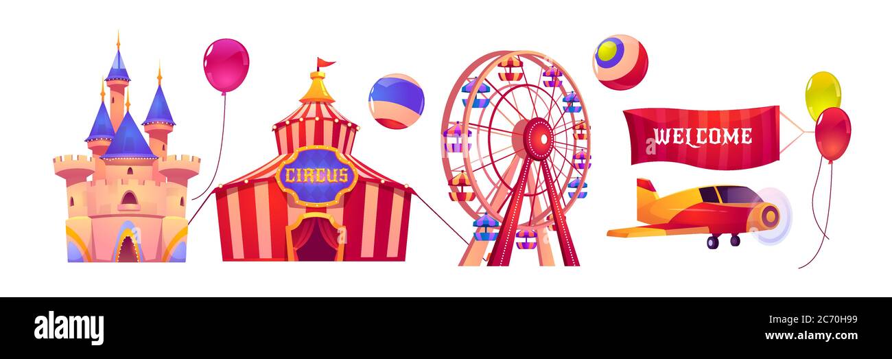Carnaval avec tente de cirque, roue de ferris et château magique. Ensemble de dessins animés vectoriels d'attractions dans le parc d'attractions avec avion, bannière de bienvenue et ballons isolés sur fond blanc Illustration de Vecteur