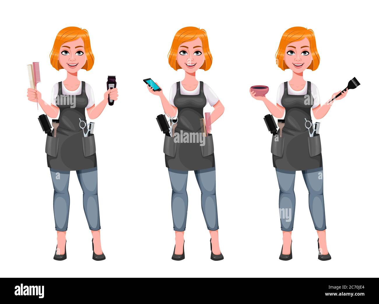 Belle fille de tête rouge coiffeur, ensemble de trois poses. Femme de