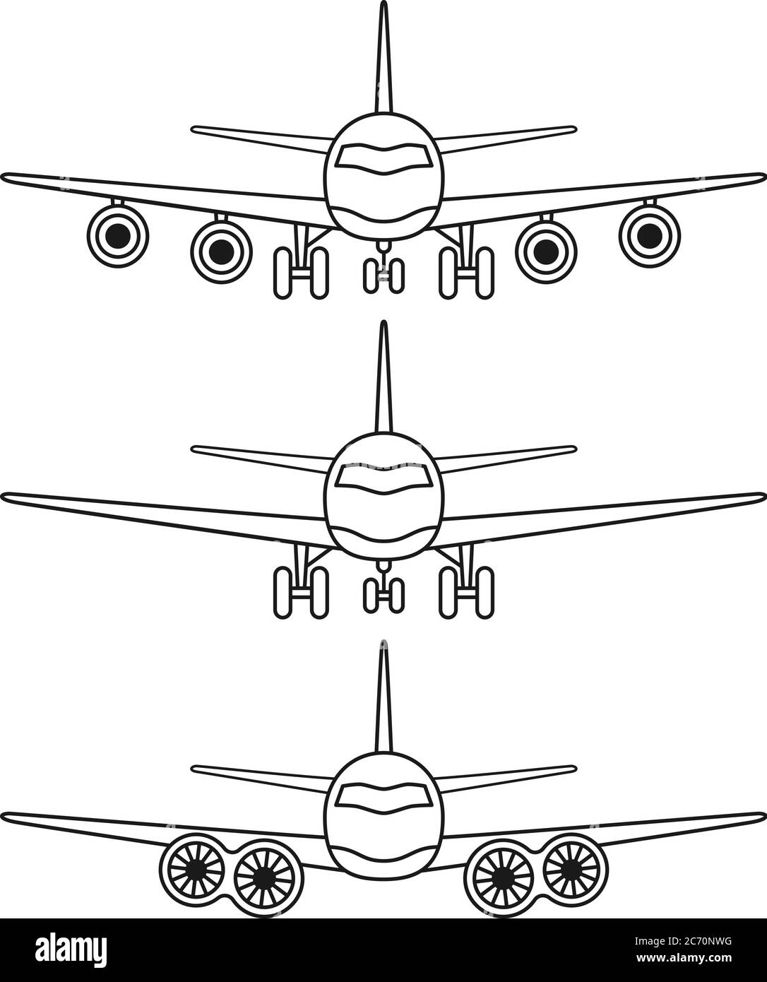 Ensemble de 3 vues avant d'avion noir et blanc Line art Illustration de Vecteur Ensemble de 3 vues avant d'avion noir et blanc Line art Illustration de Vecteur