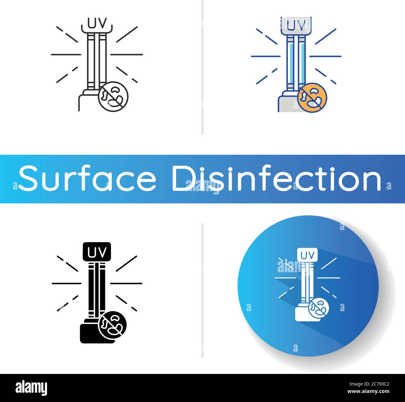 Icône de désinfection aux rayons UV. Styles de couleur linéaire noir et  RVB. Irradiation germicide ultraviolette. Nettoyage de surface, procédure  de décontamination médicale Image Vectorielle Stock - Alamy