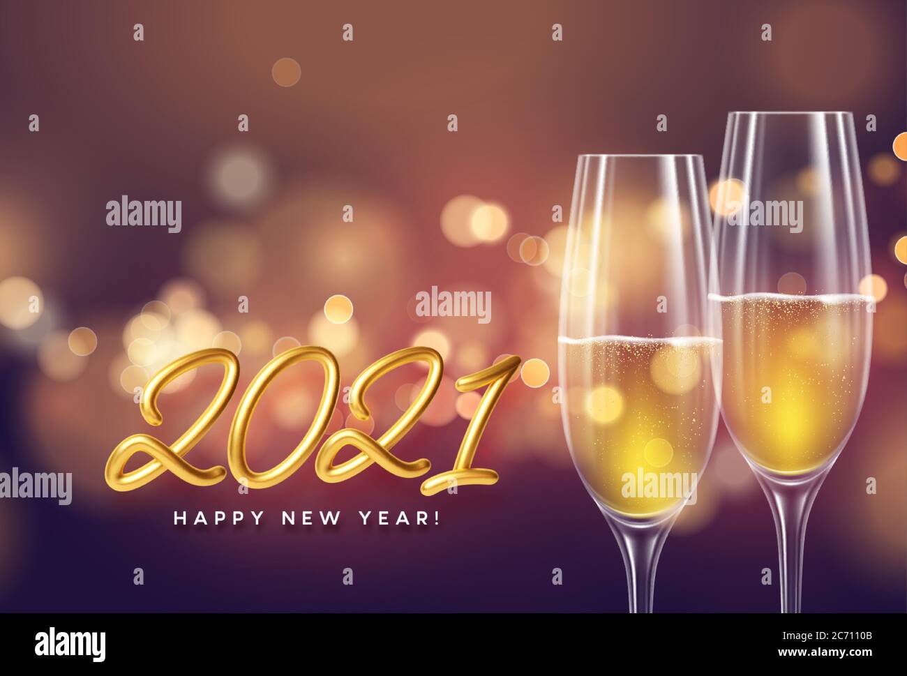 2021 fond doré du nouvel an avec une bouteille et des verres de champagne et une lumière de bokeh éclatante. Illustration vectorielle Illustration de Vecteur