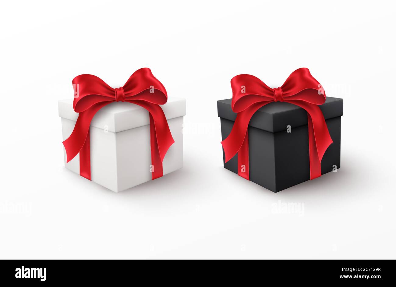 Boîte cadeau blanche et noire avec noeud en soie rouge isolé sur fond blanc. Illustration vectorielle Illustration de Vecteur