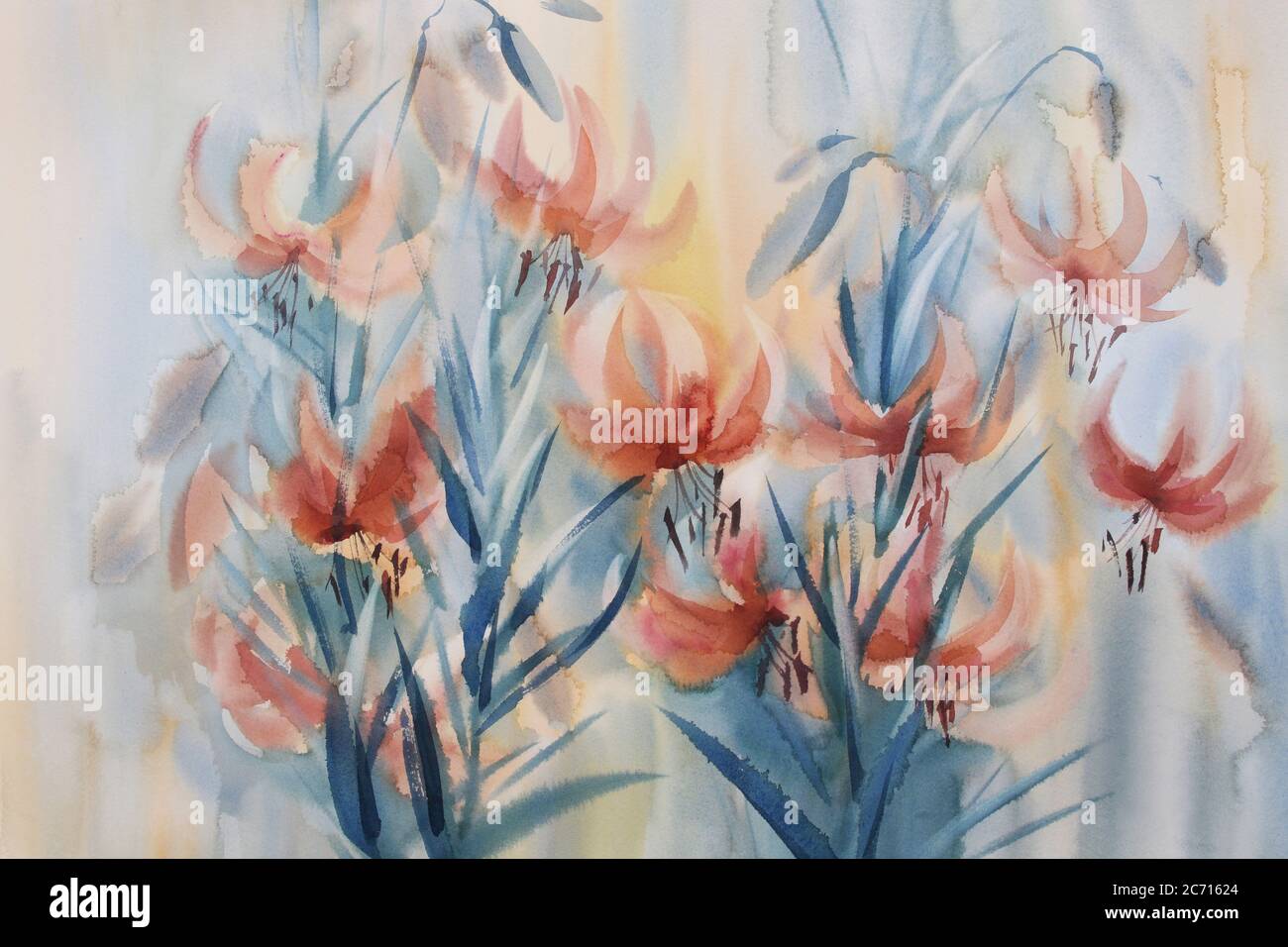 Fleur de nénuphars orange dans le jardin aquarelle Banque D'Images