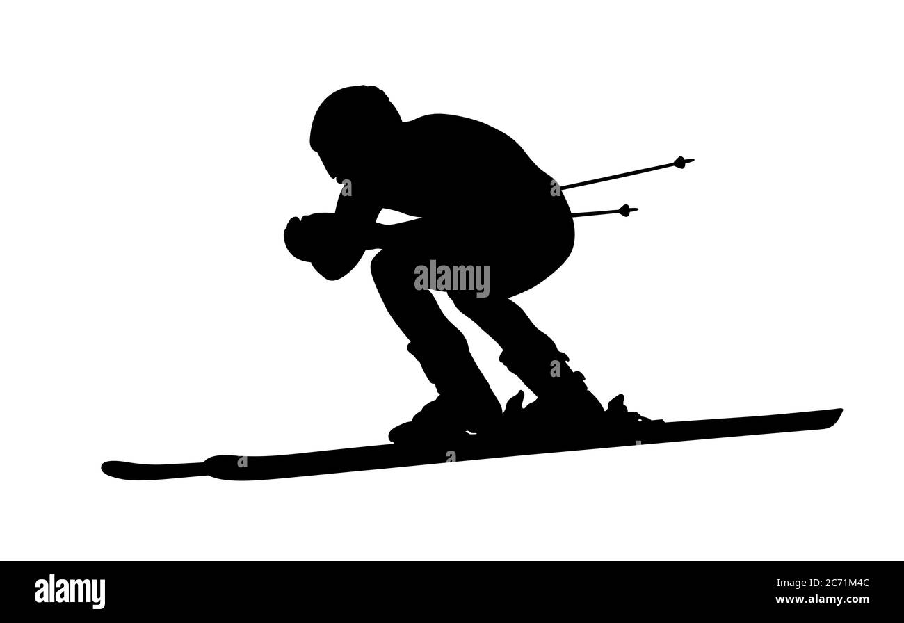 silhouette noire homme athlète skieur alpin sur fond blanc Banque D'Images