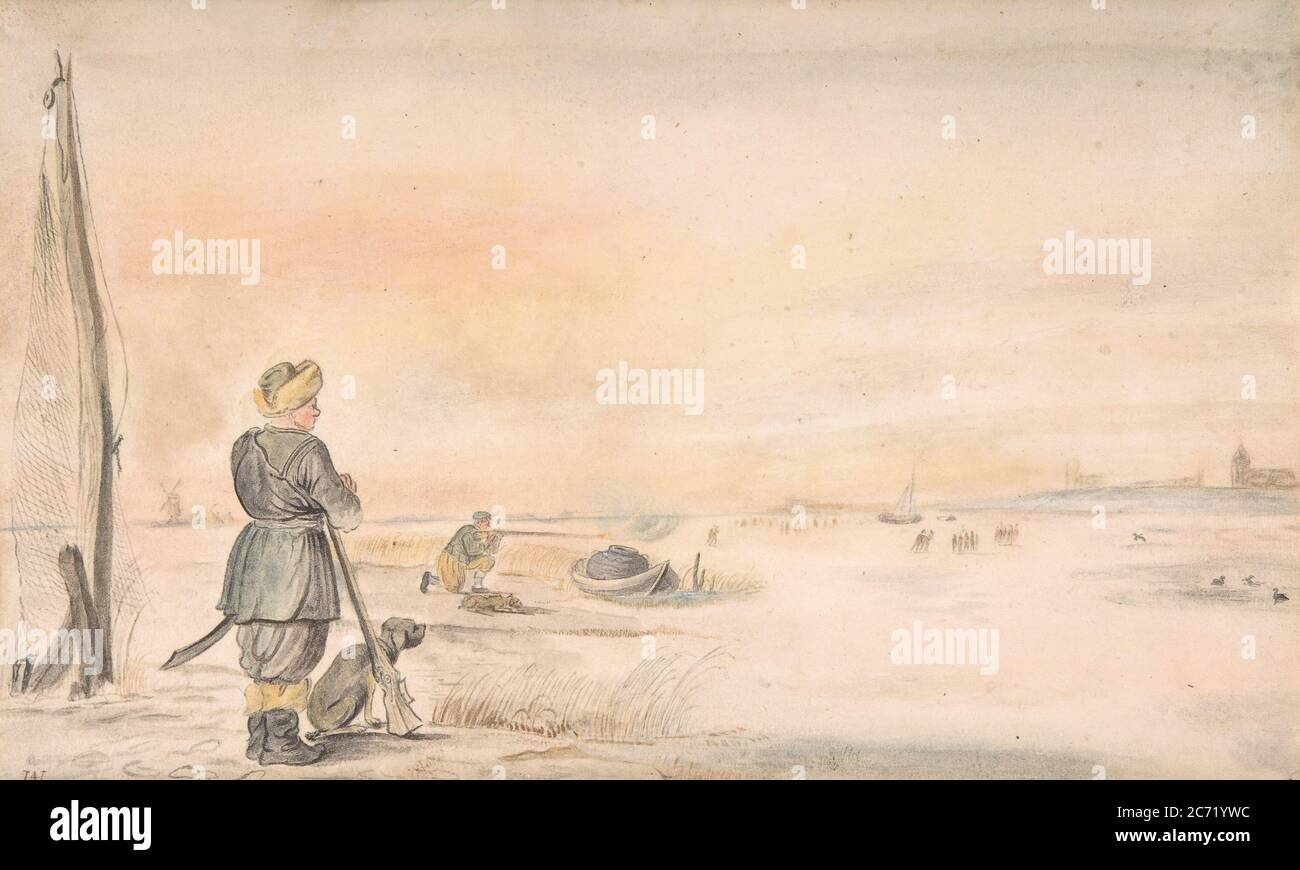 Paysage d'hiver avec un chasseur et son chien, s.d.. Banque D'Images