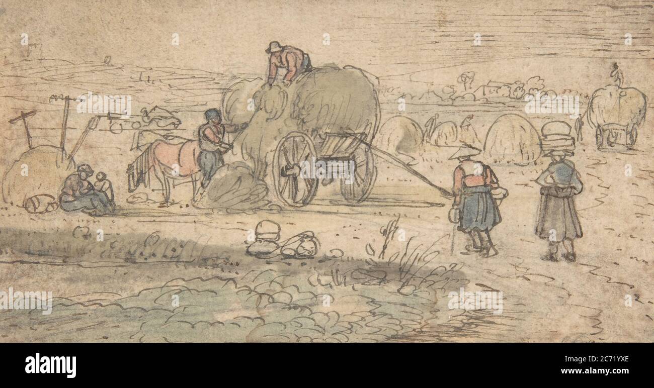 Les paysans chargeant du foin, env. 1620s. Banque D'Images